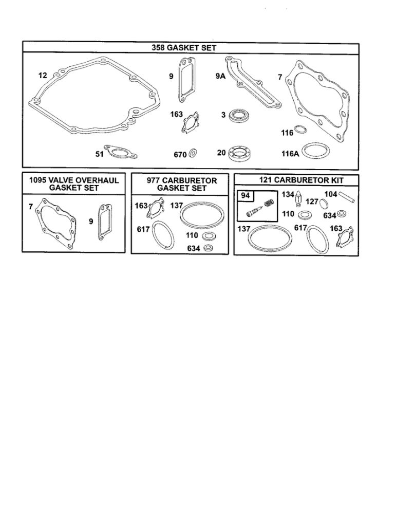 Gasket Set/Kits Diagram and Parts List for 12E800-12E899 0620-0653-0808 Briggs and Stratton Engine